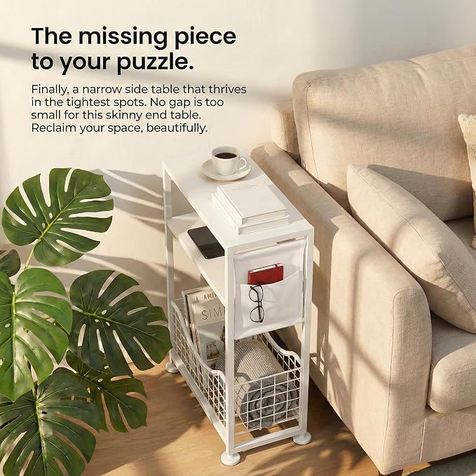 Skinny Side Table with Storage, 3 Tier Slim Side Tables for Small Spaces, Skinny End Table Narrow Bedside Table Narrow Side Table for Living Room, Bedroom