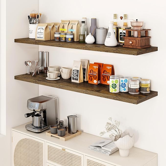 Dreamland 55" Floating Shelves for Wall, 12" Deep Slim Rustic Brown Floating Shelves, Wall-Mounted Shelves for Bedroom, Living Room, Kitchen, Bathroom - Set of 2