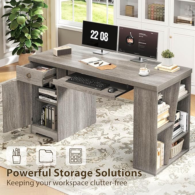 HSH 55" Office Computer Desk with Drawers, Farmhouse Grey Executive Desk with Storage Shelves and Cabinet, Modern Wooden Computer Table Teacher Desks with Keyboard Tray for Home Writing Work Study