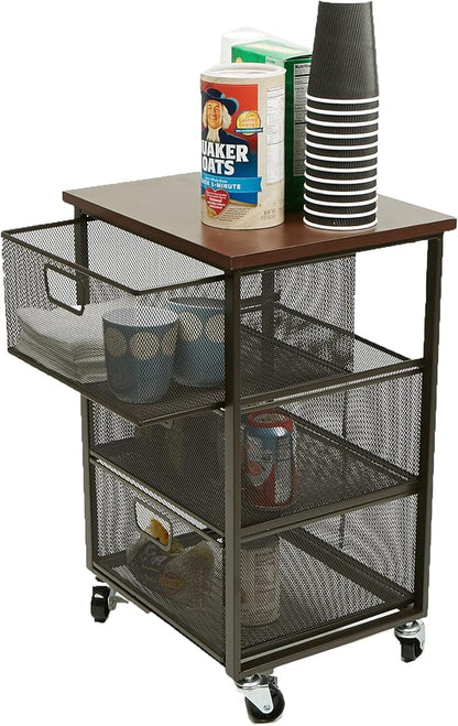 Mind Reader 3 Drawer Storage Organizer with Wood Top, Rolling Office Organizer Cabinet with Wheels, Office, Metal Mesh, Black