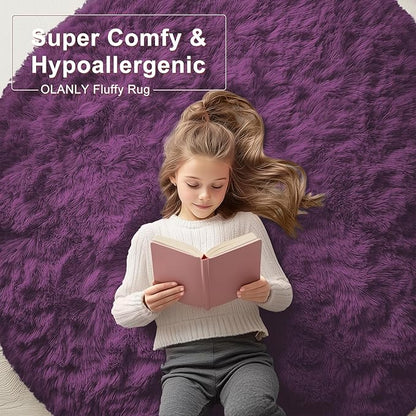 OLANLY Dark Purple Round Rugs for Bedroom - Machine Washable, 5 ft Circle Area Rugs for Living Room, Soft and Fluffy Shaggy Carpet for Teen Girl and Boys, Nursery Rooms, Dorms, Home Decor Aesthetic