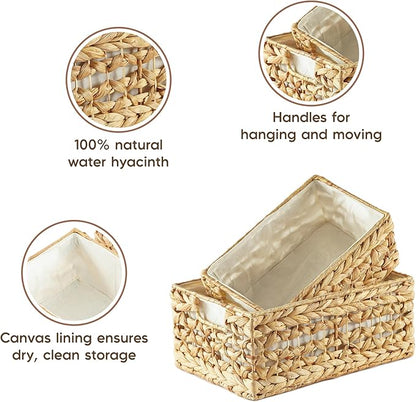 Greenatural Water Hyacinth Storage Baskets Set of 2, Handwoven Rectangular Organizer Trays with Liners, Rattan Wicker Bins with Handles, Storage Organizers for Shelf, Bathroom, Kitchen, Office