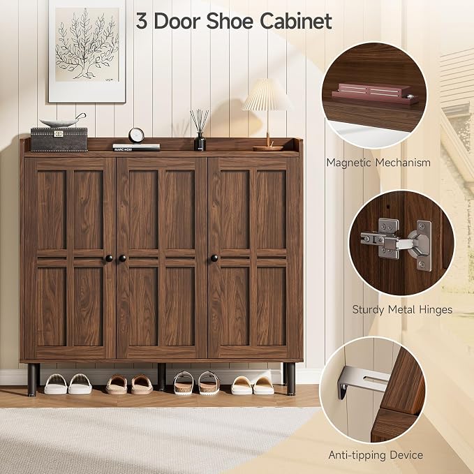ONBRILL Shoe Cabinet with 3 Doors and Adjustable Shelves, 30 Pairs Shoe Storage Cabinet, 40 Inch Tall Farmhouse Shoe Rack Shoe Organizer Cabinet for Entryway Living Room Closet, Walnut