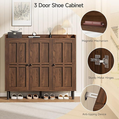 ONBRILL Shoe Cabinet with 3 Doors and Adjustable Shelves, 30 Pairs Shoe Storage Cabinet, 40 Inch Tall Farmhouse Shoe Rack Shoe Organizer Cabinet for Entryway Living Room Closet, Walnut