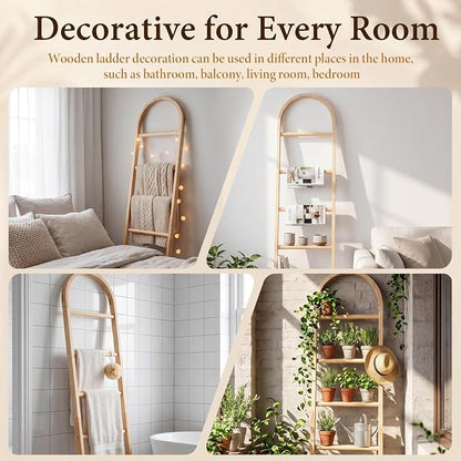 Sintuff Arched Blanket Ladder for Living Room, 5.5ft Wooden Blanket Rack, 5-Tier Natural Leaning Ladder Shelf for Farmhouse Bedroom Living Room Bathroom Decor(Arch,Oak)