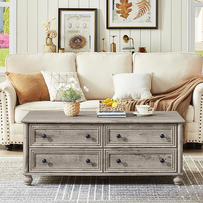 48" Farmhouse Coffee Table with Hidden Storage,Wooden Coffee Tables with 4 Drawers & Roman Column Handle,Rectangular Rustic Center Table with Solid Wood Curved Legs for Living Room,Office,Grey