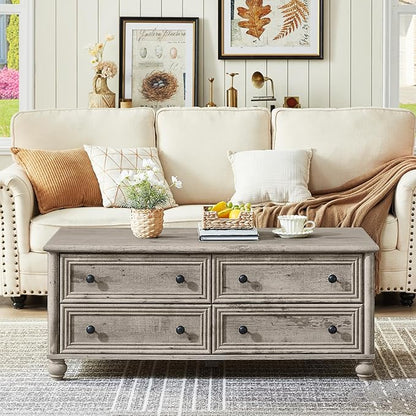 48" Farmhouse Coffee Table with Hidden Storage,Wooden Coffee Tables with 4 Drawers & Roman Column Handle,Rectangular Rustic Center Table with Solid Wood Curved Legs for Living Room,Office,Grey