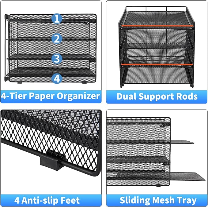 OPNICE 4-Tier Paper Organizer Letter Tray, Desk Organizers and Accessories, Office Desk Accessories, Desktop File Organizer for Office, Home or School, Black