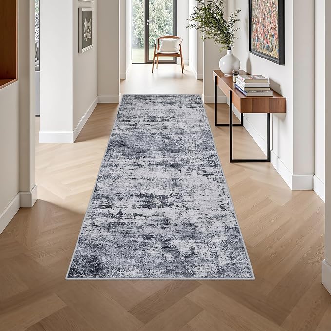 Washable Area Rug 3x8 Entryway Rug: Washable Modern Abstract Soft Thin Rug Indoor Floor No Slip Stain Resistant Carpet for Bedroom Dining Room Farmhouse Nursery Home Office - Grey
