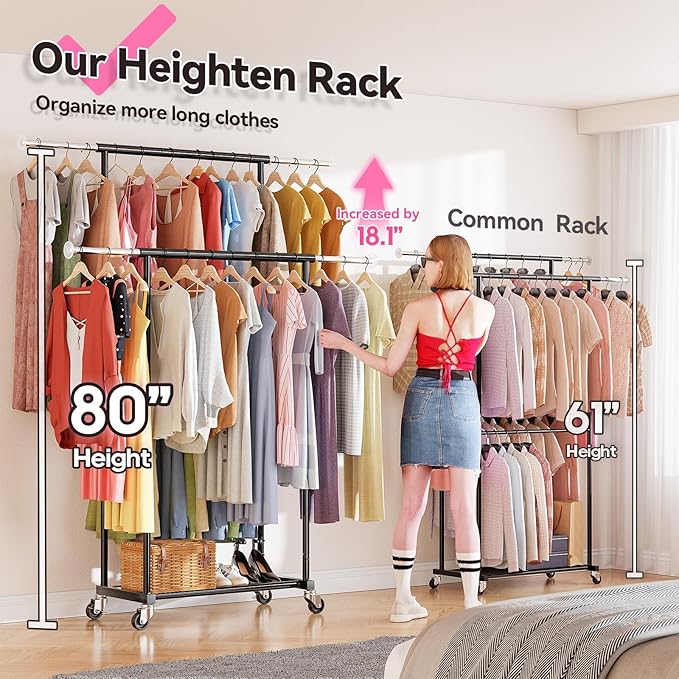 SUFAUY Double Rod 80" Tall Rolling Clothing Garment Rack for Hanging Dresses Clothes, with Caseter Wheels & Adjustable Rod & Shelves, Black