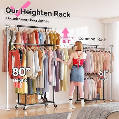 SUFAUY Double Rod 80" Tall Rolling Clothing Garment Rack for Hanging Dresses Clothes, with Caseter Wheels & Adjustable Rod & Shelves, Black