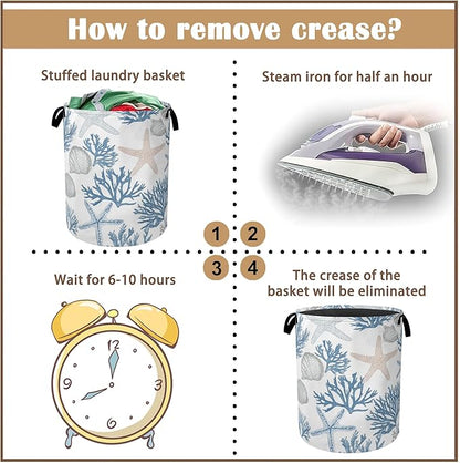 Starfish Seashell Laundry Basket,Coral Collapsible Laundry Baskets with Handles,Waterproof Oxford Cloth Storage Basket 16"x20" for Bathroom/Bedroom/Dormitories