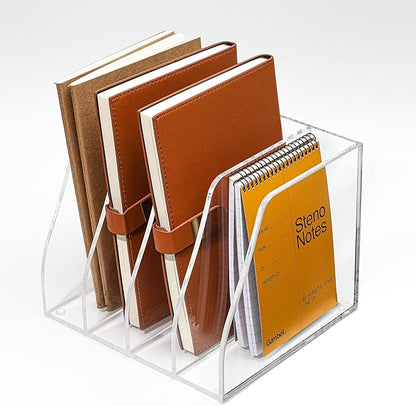 Acrylic Magazine File Holder, 4 Vertical Compartments Desk Document Sorter Organizer, Clear Folder Rack Binder for Office, Documents, Tablets, Magazines, Books – Home/Classroom Rack
