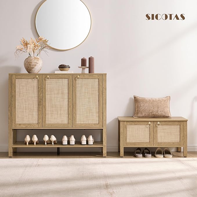SICOTAS Rattan Shoe Cabinet for Entryway - 2 Pieces Large Boho Shoe Storage Organizer with Adjustable Shelves & 3 Doors, Tall Shoe Rack Cabinet for Hallway, Living Room (Carbon Cherry)