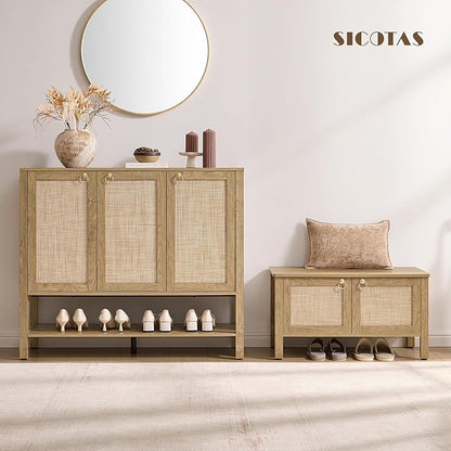SICOTAS Rattan Shoe Cabinet Storage for Entryway - 30 Pairs Boho Shoe Storage Organizer with Adjustable Shelves & 3 Doors, Tall Shoe Rack Cabinet for Hallway, Living Room (Carbon Cherry)