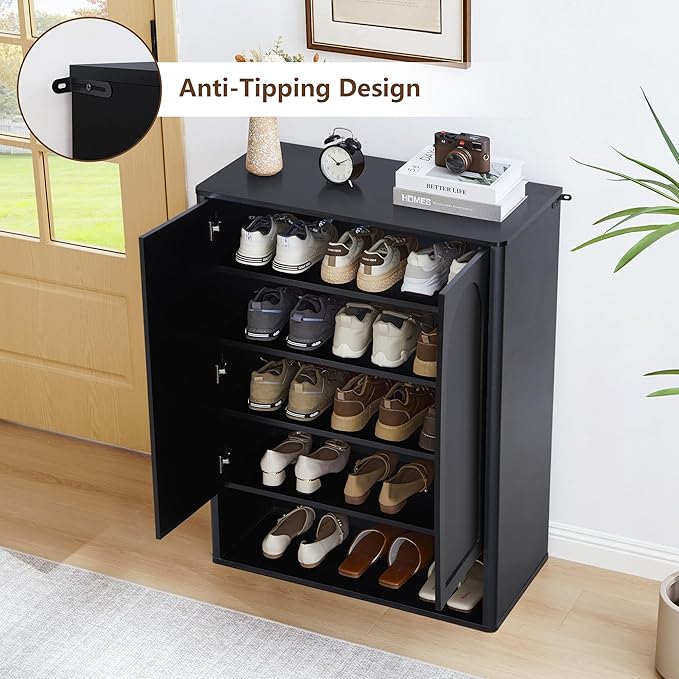 Shoe Cabinet, 5 Tier Wooden Shoe Storage Organizer Cabinet with Adjustable Shelves, Shoes Rack Accent Cabinet for Entryway Hallway Living Room, Black