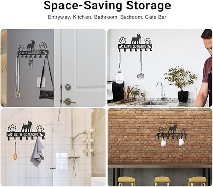 Key Holder Wall Mount & Dog Leash Holder for Wall, Metal Key Rack with 7 Hooks for Entryway/Hallway/Kitchen Decor，Wall Organizer with Screw Anchors (Bulldog, 13.5"×6.2"×0.75")