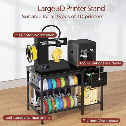 3D Printer Stand with Filament Storage – Heavy Duty Metal 3D Printer Table with Drawer and Power Hub for Workshop, Studio, and Office