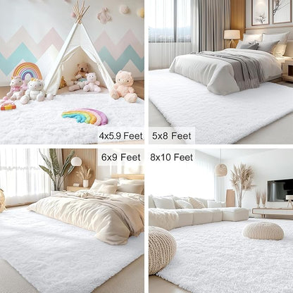 OLANLY 6x6 Area Rugs for Living Room Bedroom, Machine Washable Soft Fluffy Shaggy Bedside Rug, Indoor Floor Carpet for Kids Girls and Boys, Dorms, Nursery Rooms, Home Decor Aesthetic, White