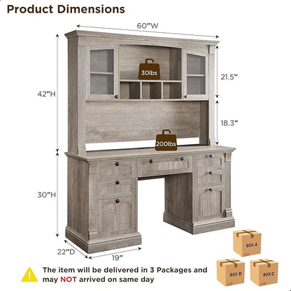 OKD 60" Executive Desk with Hutch and Drawers, Farmhouse Home Office Desk with Charging Station, Keyboard Tray, File Cabinet Storage, Wood Computer Desk for Work and Study, Light Rustic Oak