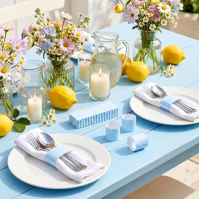 300 Pcs Blue White Plaid Paper Napkin Rings Disposable Napkin Bands Self Adhesive Summer Silverware Wrap Band for Birthday Holiday Party Dinner Table Setting Decoration