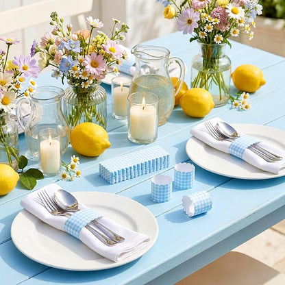 300 Pcs Blue White Plaid Paper Napkin Rings Disposable Napkin Bands Self Adhesive Summer Silverware Wrap Band for Birthday Holiday Party Dinner Table Setting Decoration