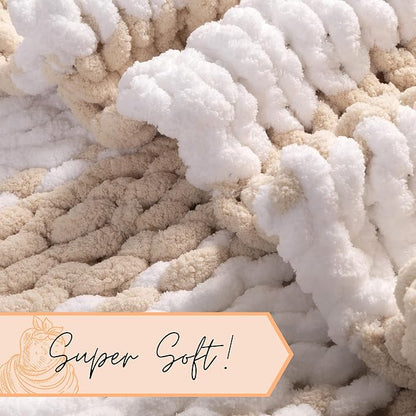 Adyrescia Chunky Knit Blanket Throw | 100% Hand Knit with Jumbo Chenille Yarn (50"x60", Oatmeal and White Stripes)