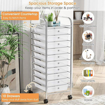 RELAX4LIFE Storage Cart W/10 Drawers,Rolling Wheels Semi-Transparent Multipurpose Mobile Cart for School, Office, Home, Beauty Salon Files Arrangement Storage Organizer Cart (Clear)
