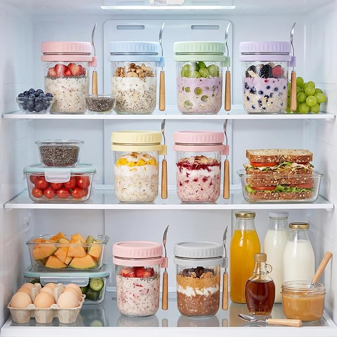 HomArtist Glass Overnight Oats Containers with Lids and Spoon, 16oz Wide Mouth Mason Jars for Overnight Oats, Cereal, Yogurt, Salad Lunch Container with Measurement Marks - Pink 4 Pack