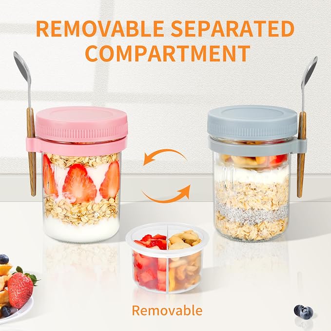 Xyptorix 4 Pack Overnight Oats Containers with Lids and Spoons, 16 oz Mason Jars with Removable Separate Compartments, Airtight and Leak-Proof Glass Jars for Chia Pudding, Yogurt, and Oatmeal