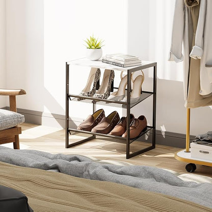 Garden 4 you 3 Tiers Narrow Shoe Rack,Small Space Freestanding Shoe Storage Organizer with White Wooden Tabletop,Adjustable Metal Shelf Stackable Shoe Shelf for Entryway Hallway Living Room Closet