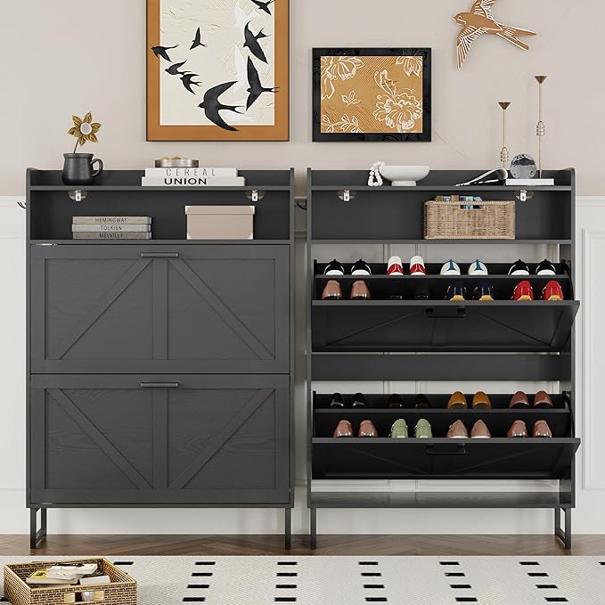 Shoe Cabinet with 2 Flip Drawers Narrow Shoe Storage Cabinet Organizer Wooden Freestanding Rack Hidden Slim Storage for Entryway, Hallway, Living Room, Bedroom