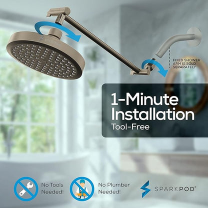 SparkPod Round Rain Shower Head with Shower Head Extension Arm - High Pressure Rain - Luxury Modern Look - No Hassle Tool-less 1-Min Installation (16" Shower Arm Extension, Brushed Nickel Finish)