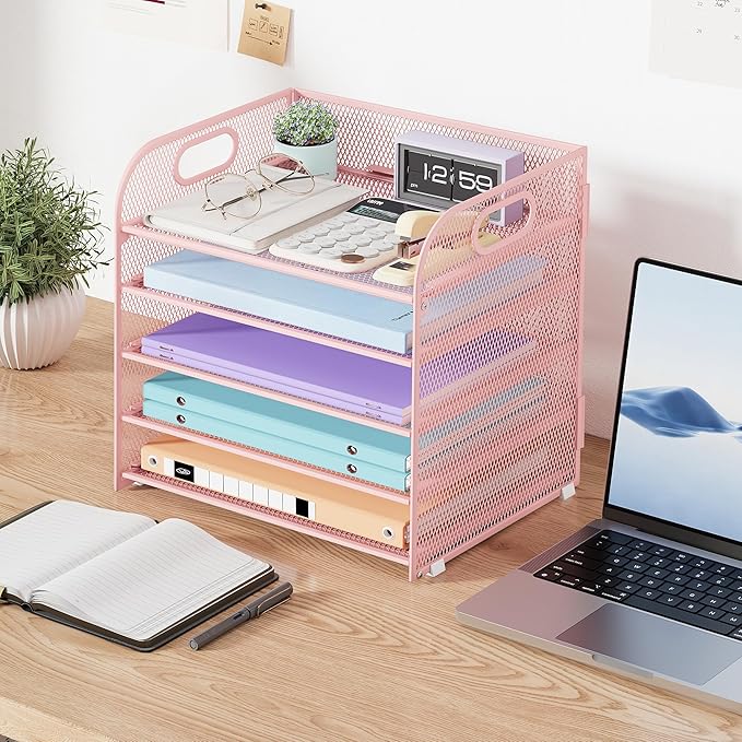5 Tier Paper Organizer with Handle, Pink Metal Mesh Desk Organizer File Folder Paper Letter Tray Desktop Document Sorter for Classroom, School, Office Accessories Organization and Storage