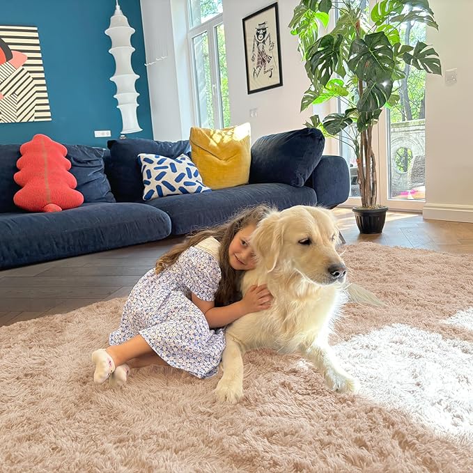 OLANLY Area Rugs for Living Room Bedroom, Machine Washable 4x5.9 ft Soft Fluffy Shaggy Bedside Rug, Indoor Floor Carpet for Kids Girls and Boys, Dorms, Nursery Rooms, Home Decor Aesthetic, Beige