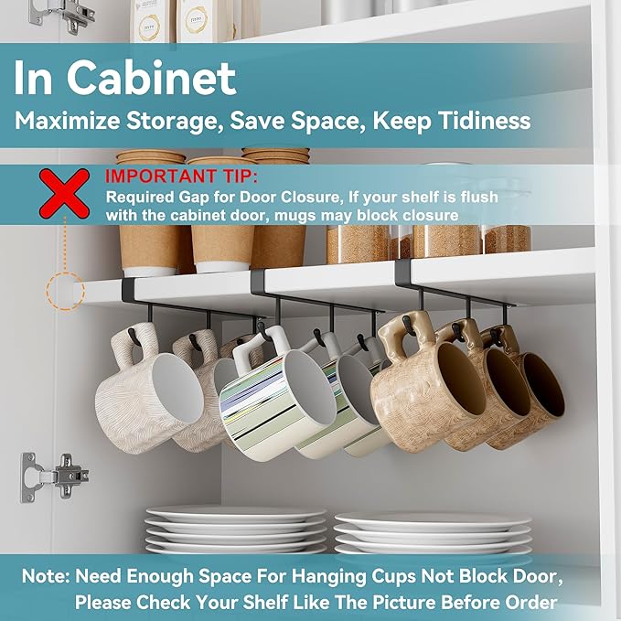 ECROCY Coffee Mug Holder Under Cabinet Only Fits Shelves up to 3/4" Thick, Clip-On Coffee Mug Organizer Pack of 3, No Drilling Free Damage