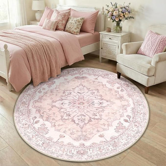 RELEANY Area Rugs Round 5ft Washable Non-Slip, Floral Vintage Distress Medallion Carpet for Living Room Bedroom Dining Room, Pink Greypink Cute