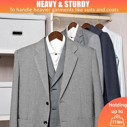 Amber Home 6 Pack Retro Wooden Suit Hangers with Gold Hook, Vintage Wide Shoulder Suit Hangers with Gold Pants Locking Bar, Wood Jacket Clothes Hangers for Sweater, Pants, Heavy Clothes