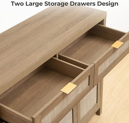 SICOTAS Rattan Sideboard Buffet Cabinet with Storage, Boho Credenza Accent Cabinet with 3 Doors and 2 Drawers, Farmhouse Console Coffee Bar for Kitchen Living Room Entryway, Caramel Oak, 2 PCS