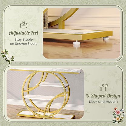 Huuger 47.2 Inch Entryway Table with Marble Top, Modern Console Sofa Table, Accent Table with Shelves, for Entry, Hallway, Entrance, Foyer, O-Shaped Metal Frame, White Marble & Gold