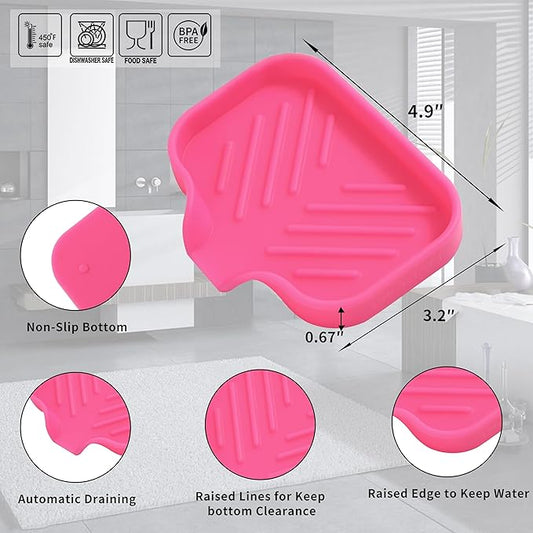 MicoYang Silicone Soap Dish with Drain Spout, Self-Draining Sink Organizer Tray for Bathroom and Kitchen, Sponges, Dispensers and Soap Holder, Non-Slip and Dishwasher Safe, Rose (Compact, 4.9"×3.2")