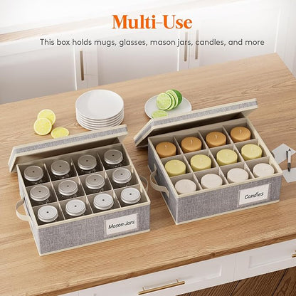 Lifewit 2 Pcs of Mug and Wine Glass Storage Box with Dividers, Stackable Cationic Hard Shell Stemware Organizer with 24 Cells, Foldable Dustproof China Containers for Moving, Light Grey
