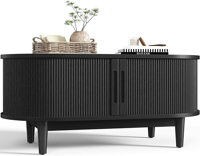 LINSY HOME Round Coffee Table, 31.5" Drum Coffee Table with Sliding Tambour Door, Fluted Accent Center Table with Storage, Mid Century Modern Coffee Table for Living Room (Oval Black)