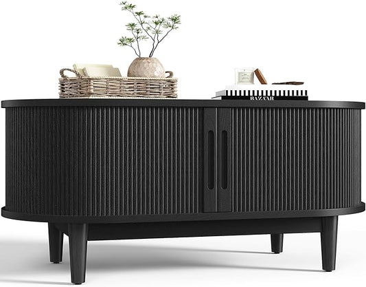 LINSY HOME Round Coffee Table, 31.5" Drum Coffee Table with Sliding Tambour Door, Fluted Accent Center Table with Storage, Mid Century Modern Coffee Table for Living Room (Oval Black)