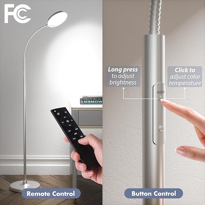 Silver Floor Lamp,Super Bright Dimmable LED Floor Lamps for Living Room, Custom Color Temperature Standing Lamp with Remote Push Button, Adjustable Gooseneck Reading Floor Lamp for Bedroom Office