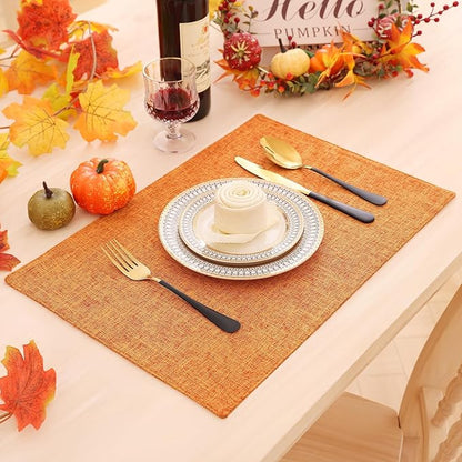 Homaxy Cloths Placemats for Dining Table Set of 8, Heat Resistant Washable Cotton Linen Blend Table Mats, Easy to Clean Place Mats for Indoor Outdoor Party Kitchen Decoration, 13" x 19", Orange