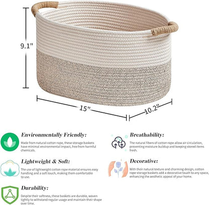 R RUNKA Storage Baskets for Organizing | 15"x10.2"x9.1" - 1 Pack Nursery Bin with Handles - Woven Cotton Rope Baskets for Dog Toys, Books, Shelf, Bathroom,Closet -Stylish Storage | White & Beige