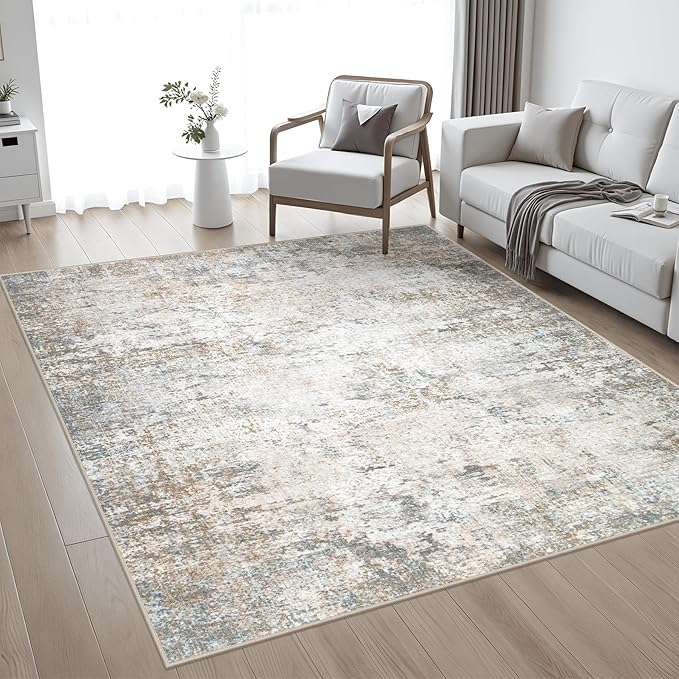 4x4 Area Rug Living Room Rug: Washable Modern Abstract Soft Thin Rug Indoor Floor No Slip Stain Resistant Carpet for Bedroom Dining Room Farmhouse Nursery Home Office - Brown Grey