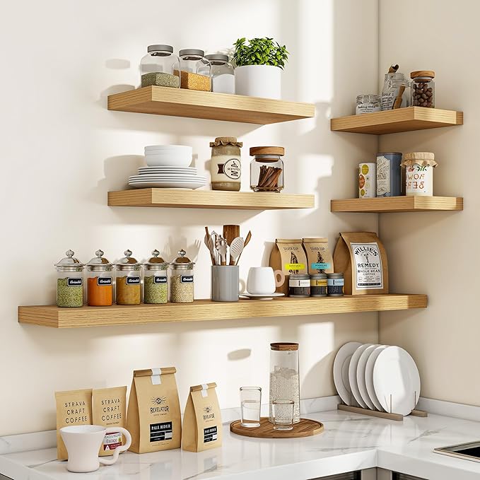 Acovy 72 Inch Floating Shelves, 3D Textured Wood Grain, 72"x9.25"x1.5" Inch Deep Floating Shelves for Wall, Wooden Shelves for Bathroom, Bedroom, Living Room, Natural, 1 Piece