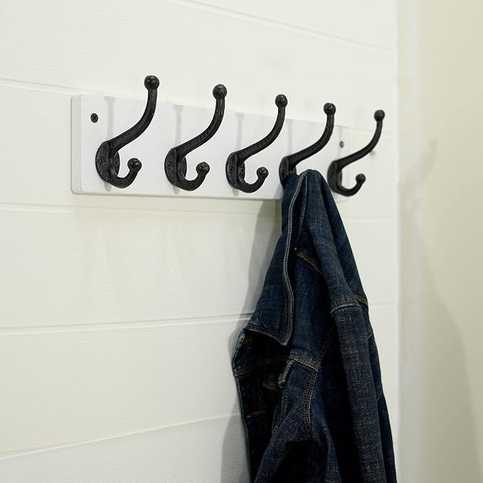 WEBI Rustic Coat Rack Wall Mount,5 Cast Iron Coat Hooks Wall Mounted,Heavy Duty Wall Coat Hanger,Vintage Hooks for Hanging Coats,Clothes,Black on White